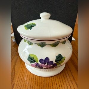 Waverly Sweet Violets Elegant White Ceramic canister. 4.5 w 4.5 tall.